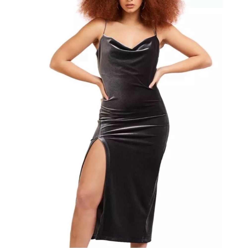 Black Tape Steel Grey Velvet Midi Dress | Drape Neck | Size M | Macy’s